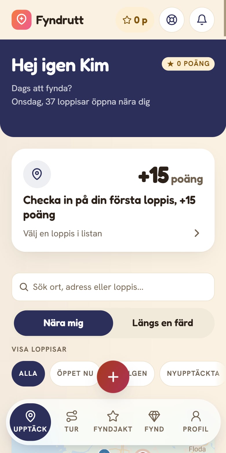 Fyndrutt, startvyn med loppisar nära dig och kartan